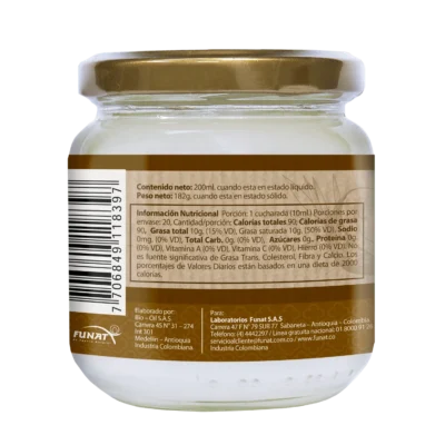 Aceite de coco orgánico prensado en frío FUNAT 200 mL certificado USDA Organic